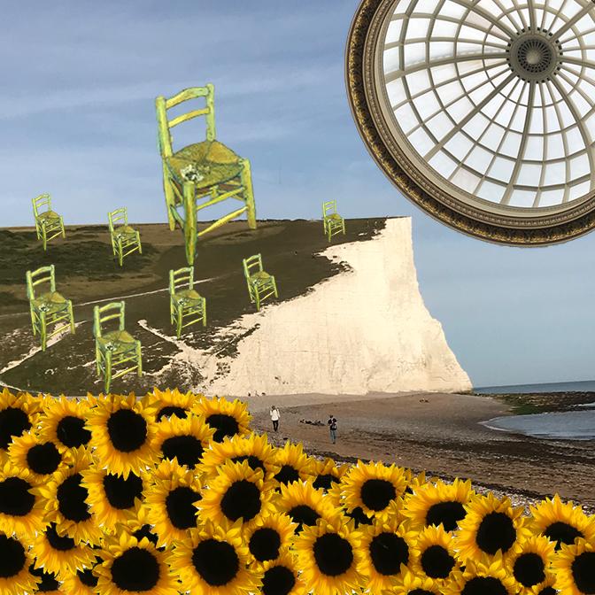 An illustration of a clock, sunflowers, and chairs on the beach.