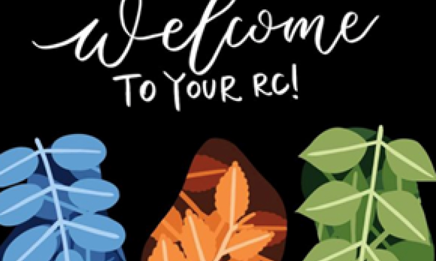 A design with a black background and a blue leaves, orange leaves, and green leaves with words on top “Welcome to your RC!”.