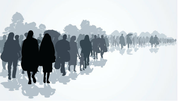 An illustration of people walking in a line with trees illustration in the background.