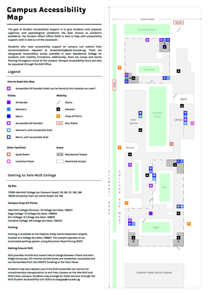 A map showing the accessibility support facilities at Yale-NUS College campus